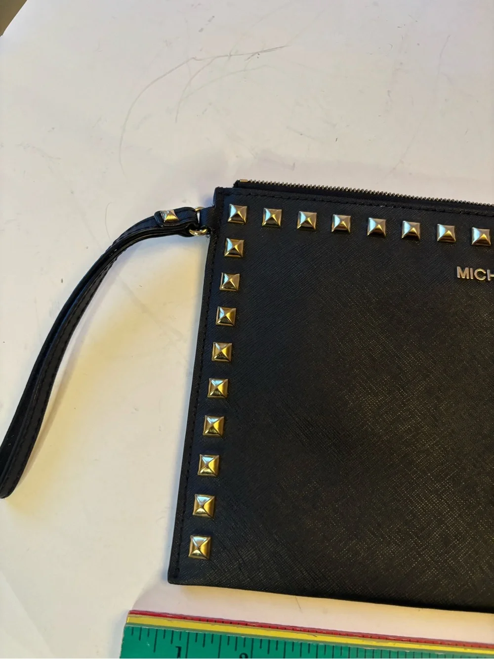 Michael Kors Black Leather Studded Zip Wristlet